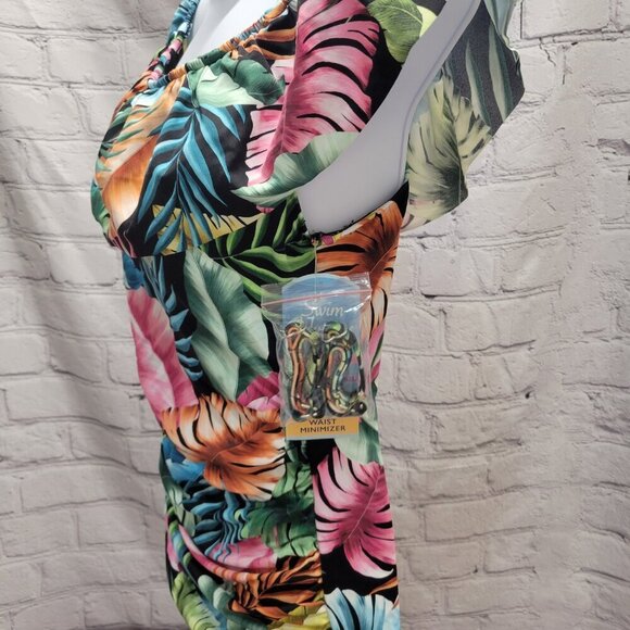 Swim Solutions Off The Shoulder Ruffle Palm Black One Piece Swimsuit - Picture 3 of 5